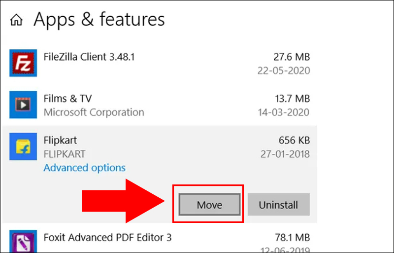 Chọn Move với ứng dụng cần chuyển